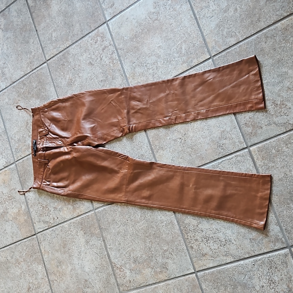 Faux Leather Brown Flare Pants - Women's